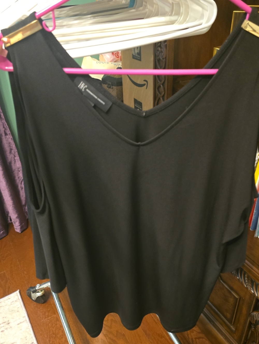 INC International Concepts Black Cold-Shoulder V-Neck Tank